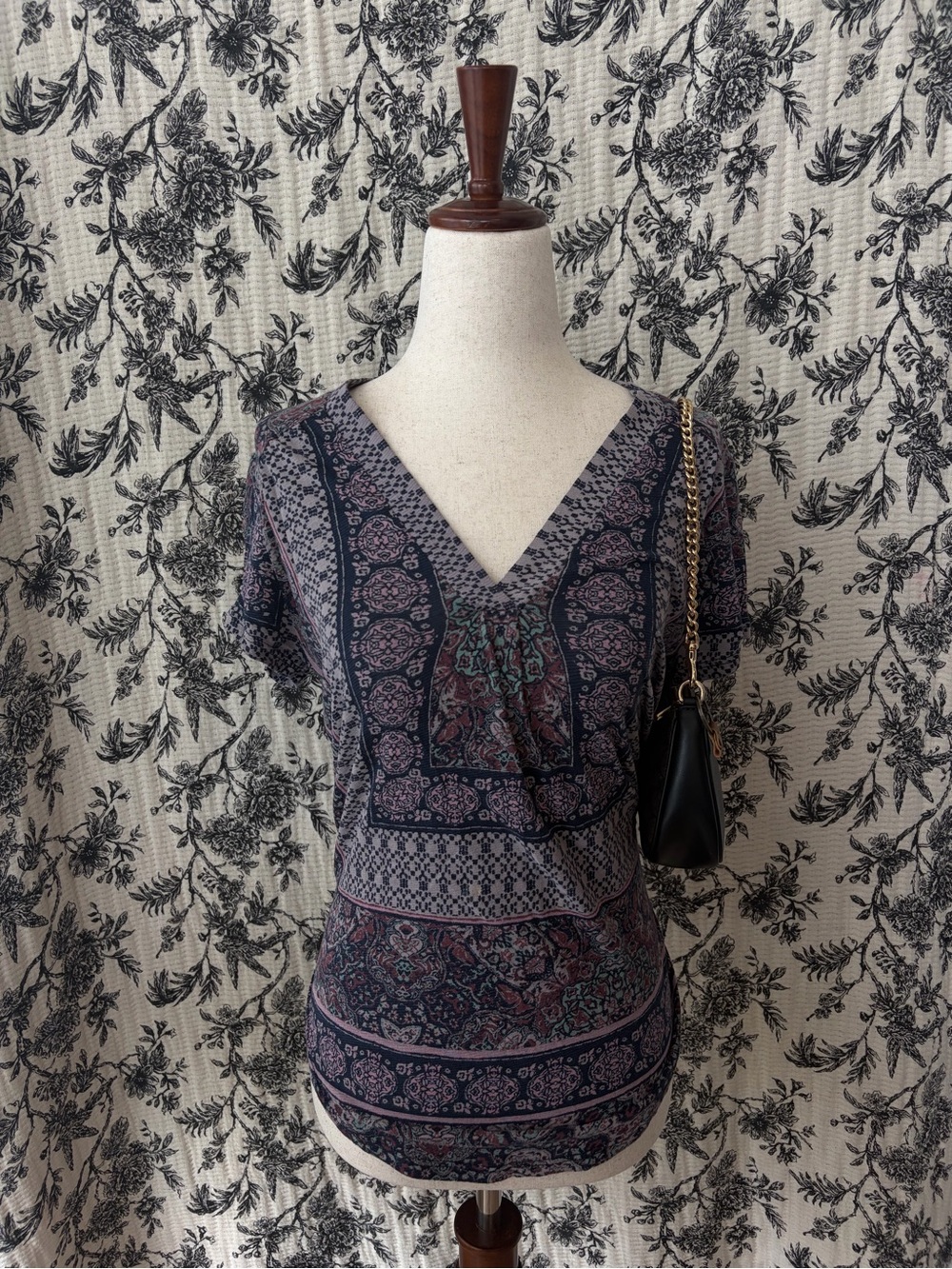 Lucky Brand Navy and Plum Paisley V-Neck Tunic
